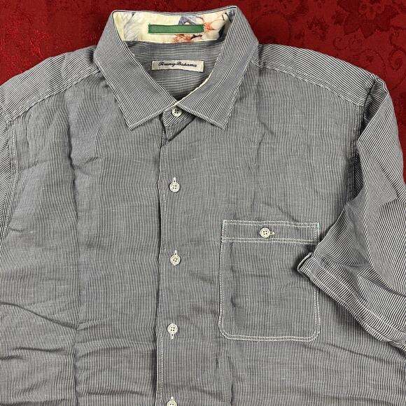 Tommy Bahama Shirt Mens Med Linen Blend Button Short Sleeve Stripe Seersucker - Picture 1 of 12